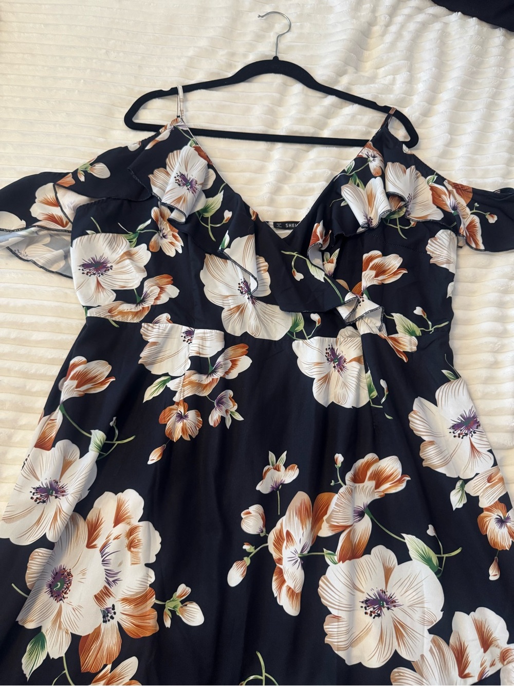 Navy Floral Cold-Shoulder Sundress with Ruffle Detail